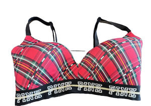 Victorias Secret PINK Wear Everywhere Wireless Bra 34DD Red Plaid Lightly Lined